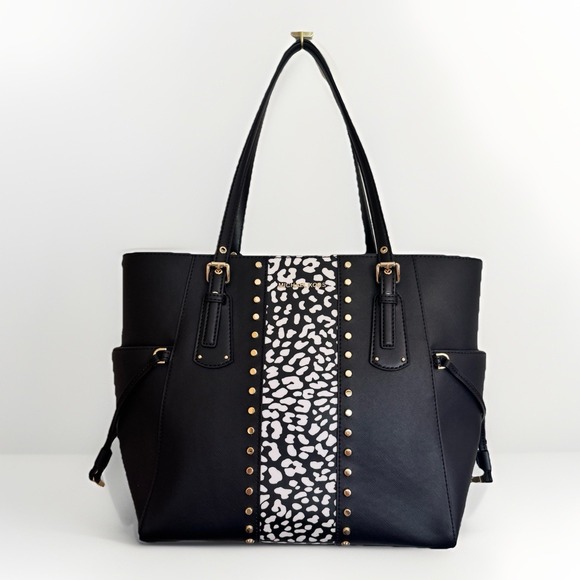Michael Kors Voyager Black Tote Shoulder Bag Cheetah Print‎ Gold Hardware Glam